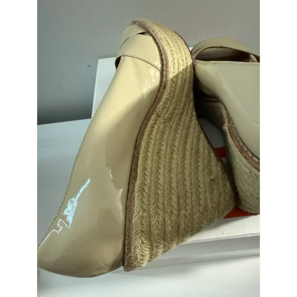 MICHAEL MICHAEL KORS $185 NUDE PATENT LEATHER WEDGE PEEPTOE HEELS SZ 7M